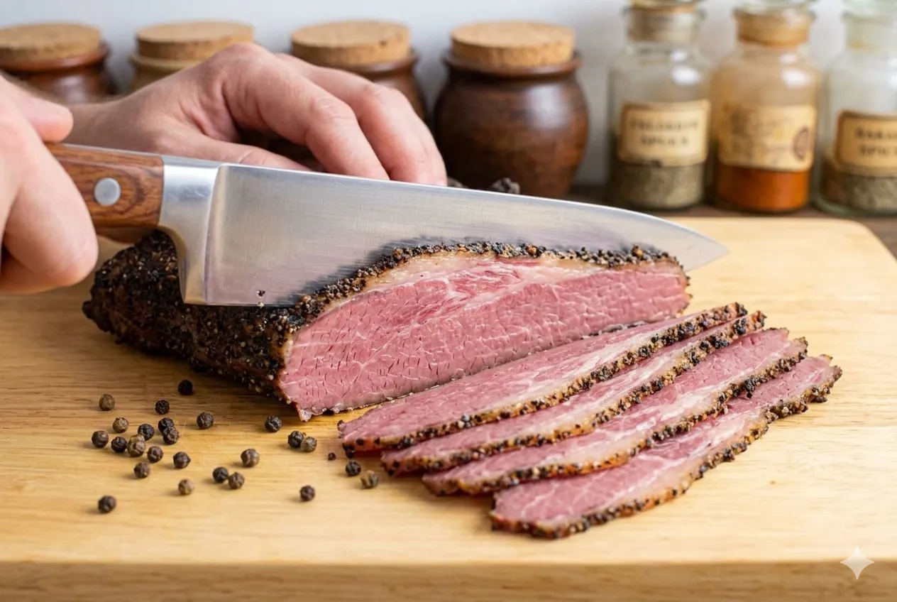Fatias de pastrami artesanal B12 sendo cortadas mostrando interior rosado e crosta de especiarias