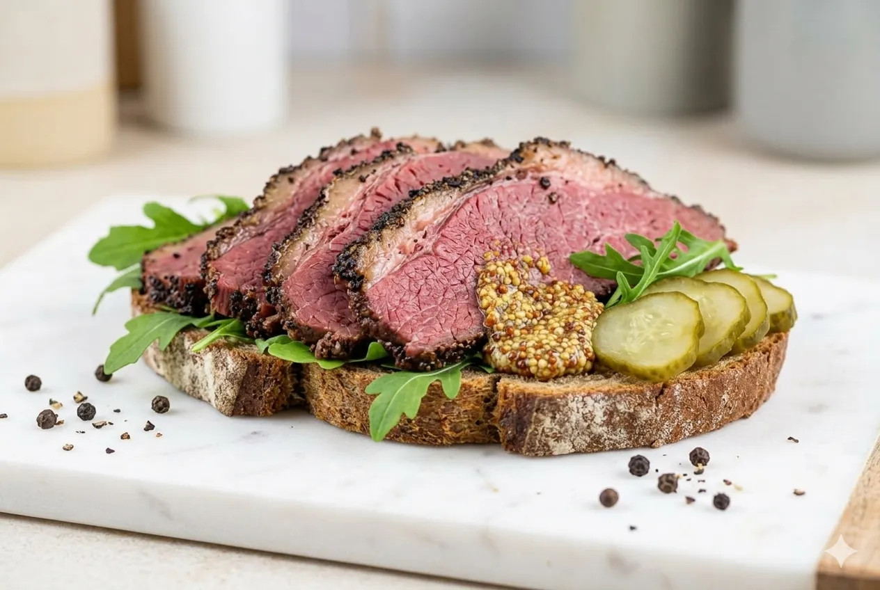 Sanduíche de pastrami em Goiânia com pão de centeio e mostarda — B12 Charcutaria