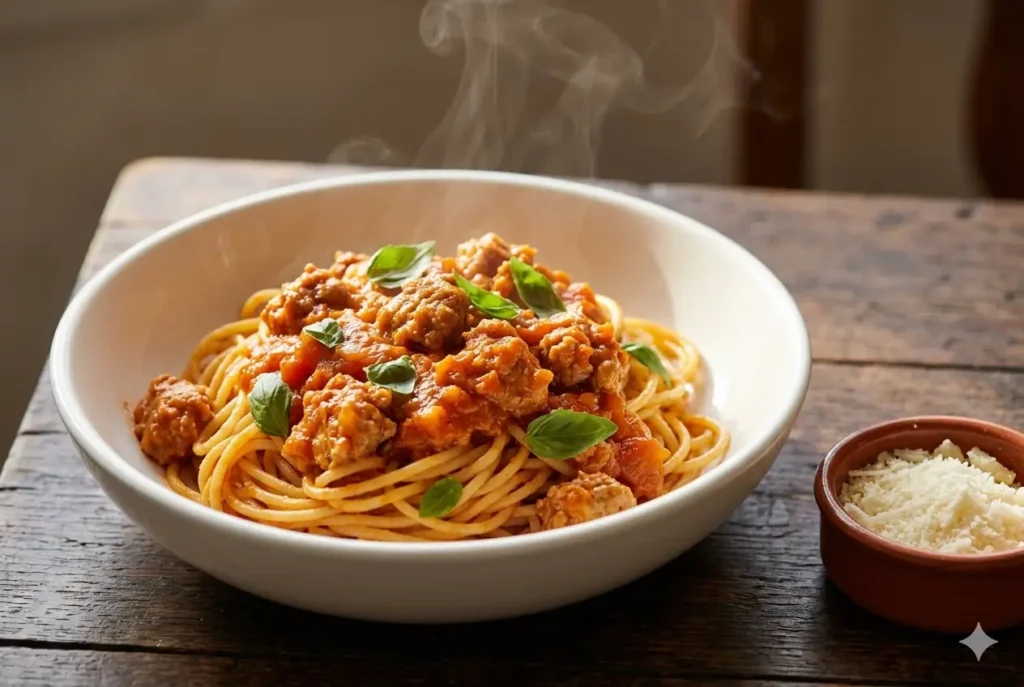 Ragu de linguiça toscana artesanal B12 com molho de tomate sobre espaguete