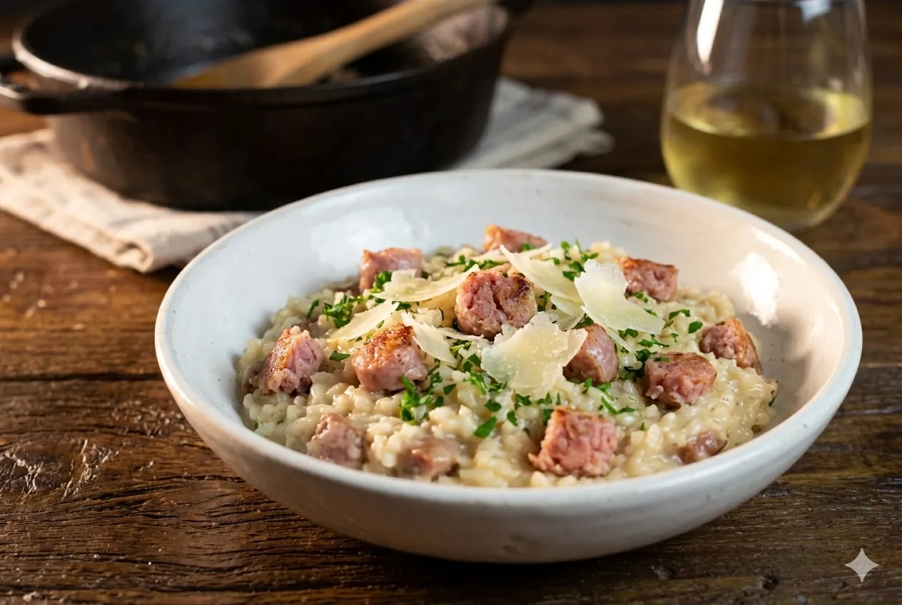 Risoto cremoso de linguiça blumenau B12 em prato de cerâmica branca com parmesão e salsinha