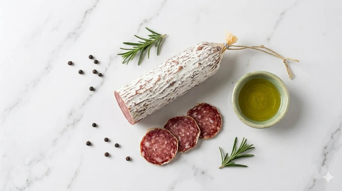 Salame artesanal B12 fatiado em flat lay sobre mármore branco com alecrim e pimenta