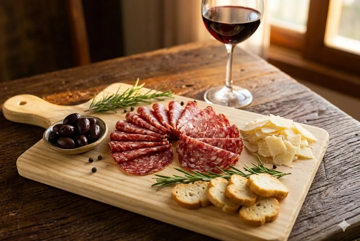 Fatias de salame artesanal B12 em tábua com queijo parmesão, azeitonas e vinho tinto