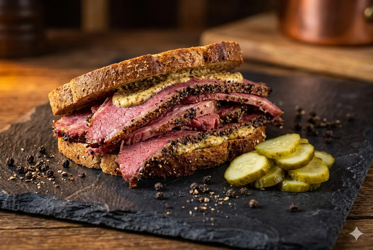 Sanduíche de pastrami artesanal B12 em pão de centeio com mostarda dijon e picles