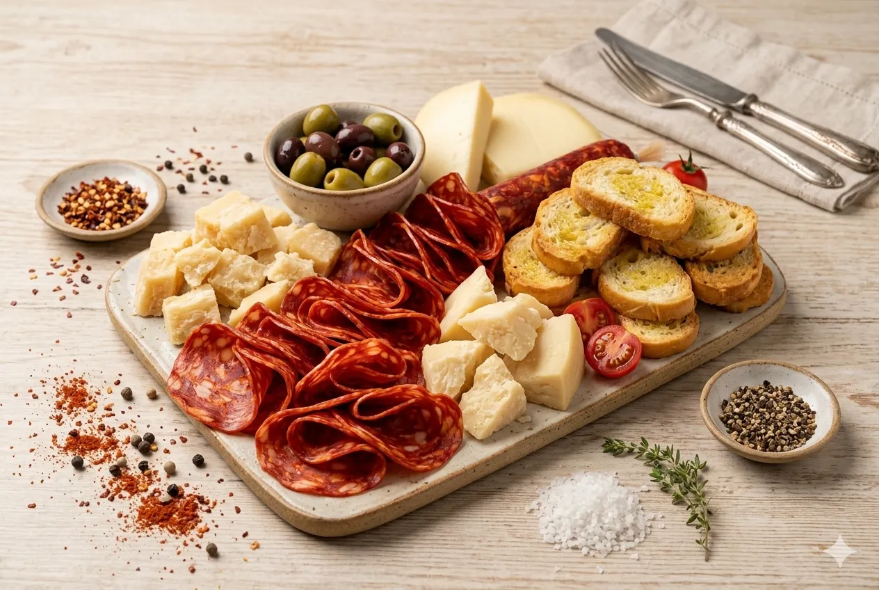 O que é pepperoni artesanal B12 — tábua de frios com queijo torradas e azeitonas