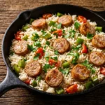 Arroz com linguiça toscana artesanal B12 refogado na gordura natural do pernil suíno