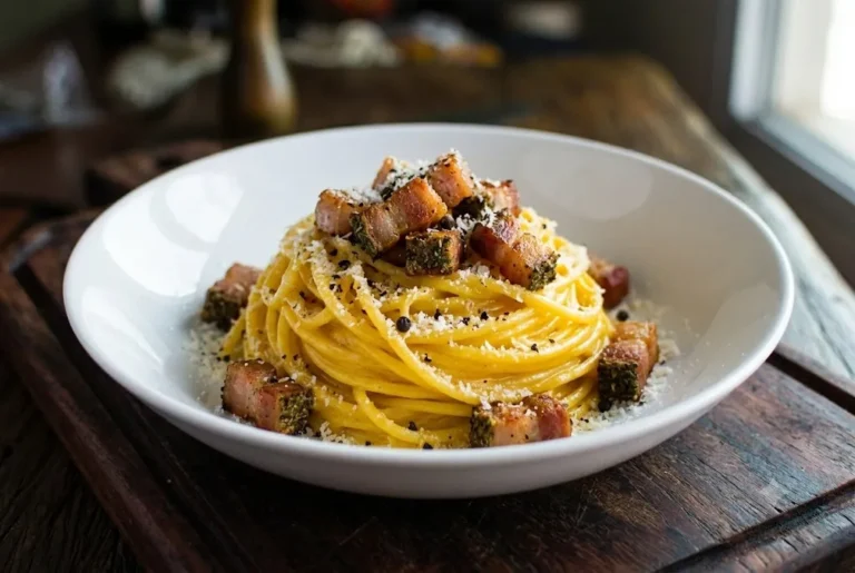 Carbonara com guanciale B12 Charcutaria — espaguete cremoso com guanciale artesanal de 90 dias