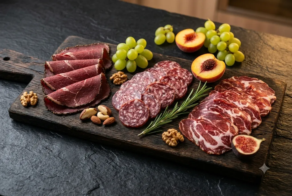 Tábua de charcutaria artesanal com pastrami, salame e copa fatiados, acompanhados de uvas, figos e nozes