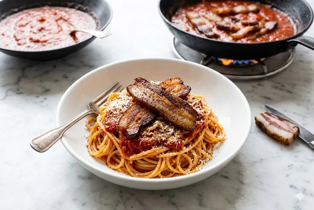 Espaguete à Amatriciana com guanciale artesanal B12 Charcutaria Goiânia