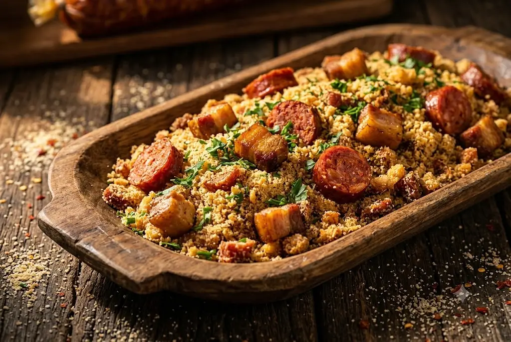 Farofa de linguiça calabresa artesanal B12 com bacon em travessa de madeira rústica