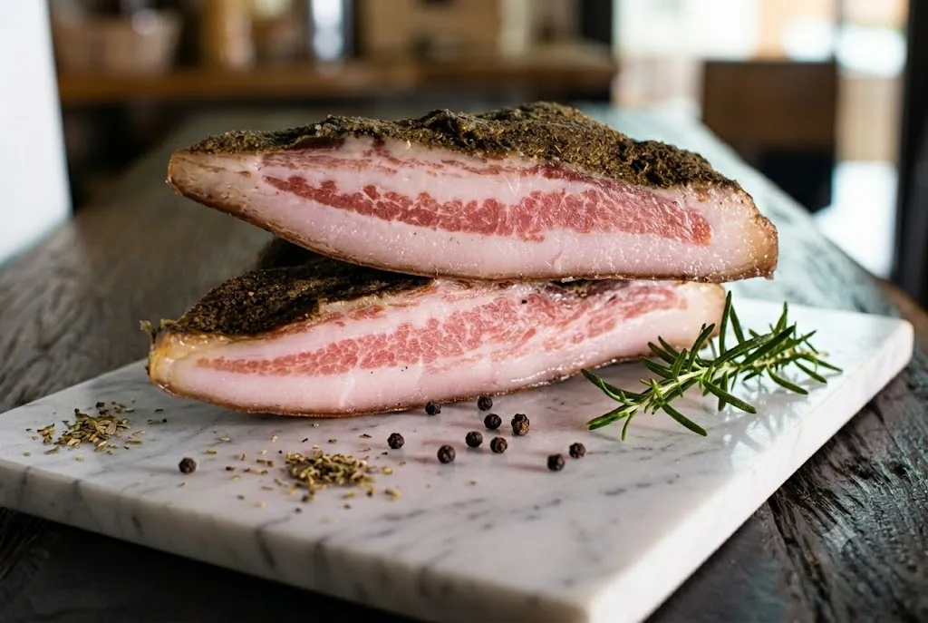 Guanciale artesanal da B12 fatiado sobre tábua de mármore, com crosta de pimenta-do-reino e alecrim