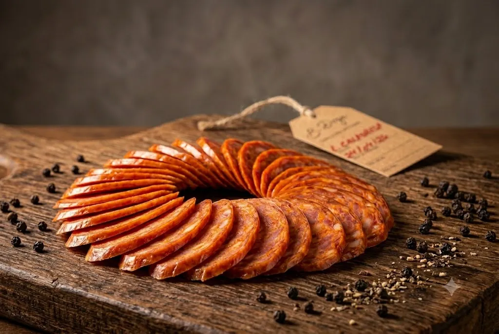 Linguiça calabresa artesanal B12 fatiada em rodelas sobre tábua de madeira, com etiqueta da charcutaria ao fundo