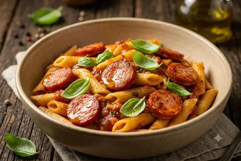 Receitas com linguiça calabresa artesanal B12: macarrão penne ao molho de tomate