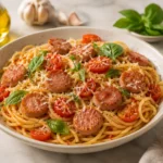Macarrão com linguiça toscana artesanal B12 e tomate-cereja — massa pronta em 25 minutos