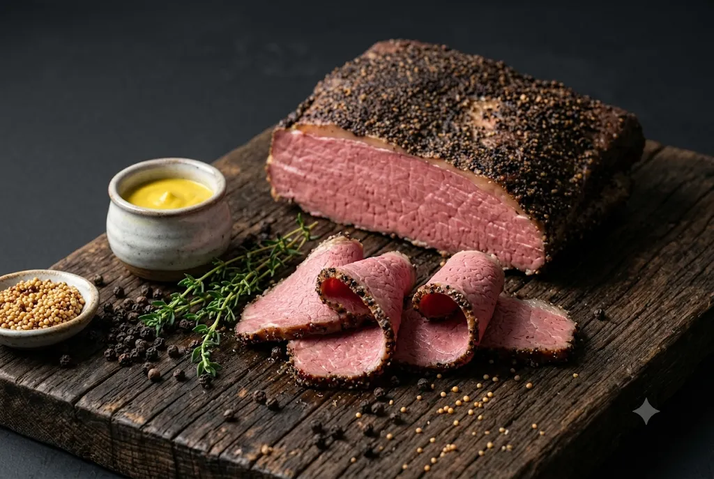Pastrami artesanal da B12 fatiado sobre tábua de madeira rústica, com crosta de especiarias e mostarda ao lado