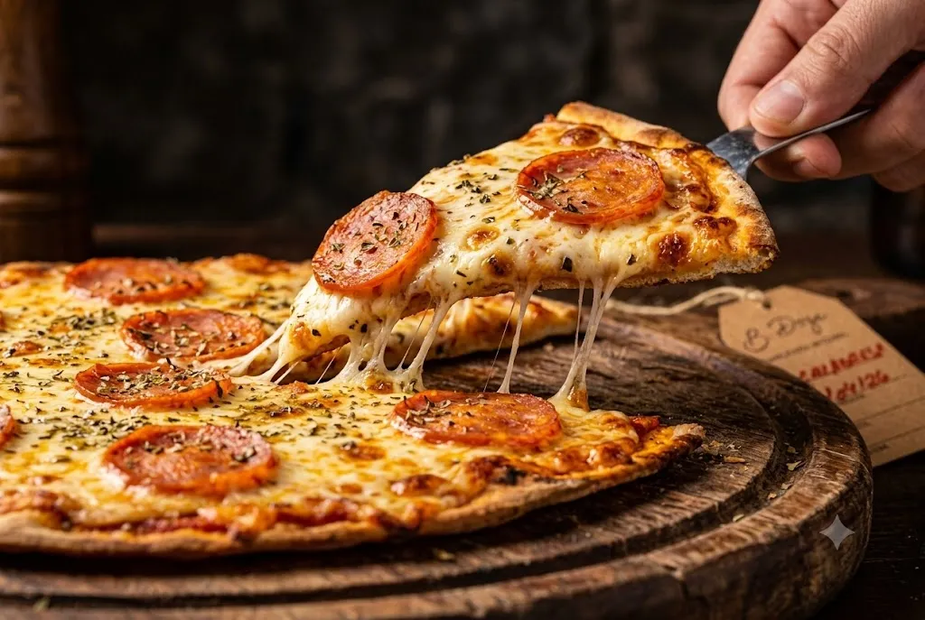 Fatia de pizza de calabresa com queijo derretido e linguiça artesanal B12 em close, mostrando a textura da massa e o recheio