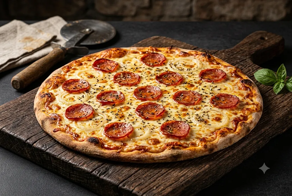 Pizza de calabresa artesanal com linguiça B12 fatiada, mussarela derretida e cebola, recém saída do forno