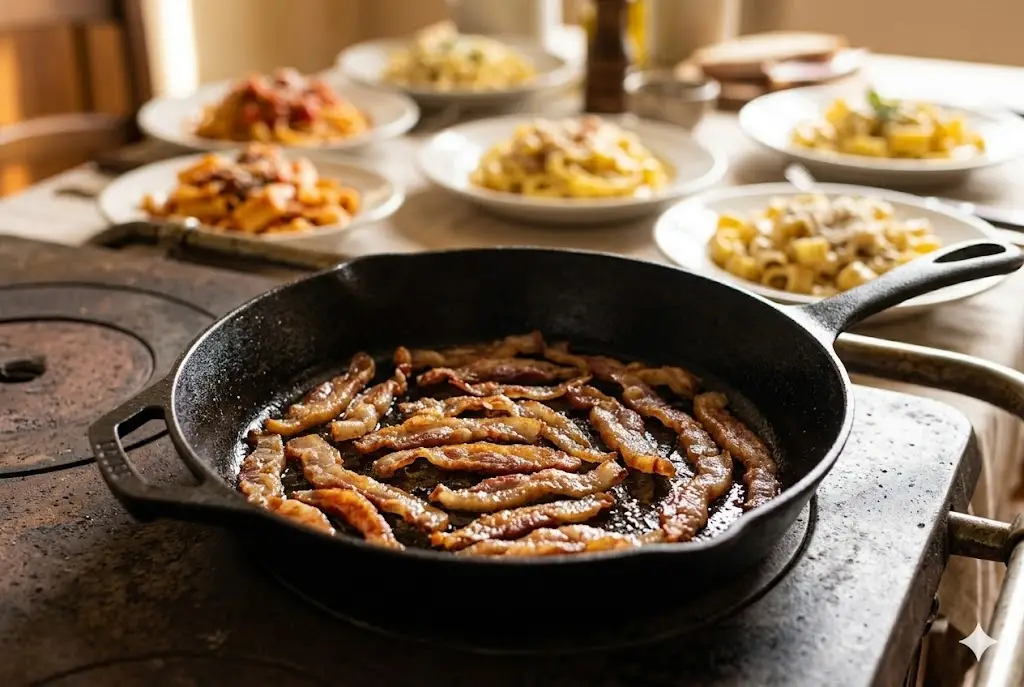 Tiras de guanciale B12 douradas na frigideira para receitas com guanciale artesanal