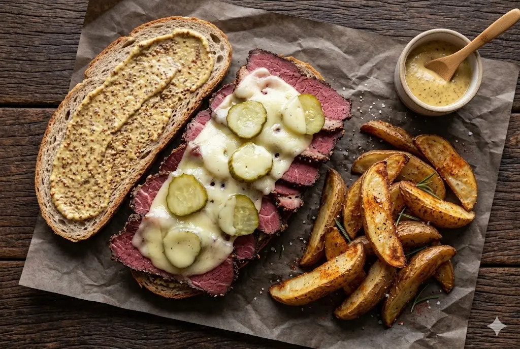 Sanduíche de pastrami artesanal B12 com queijo suíço e picles — receitas com pastrami