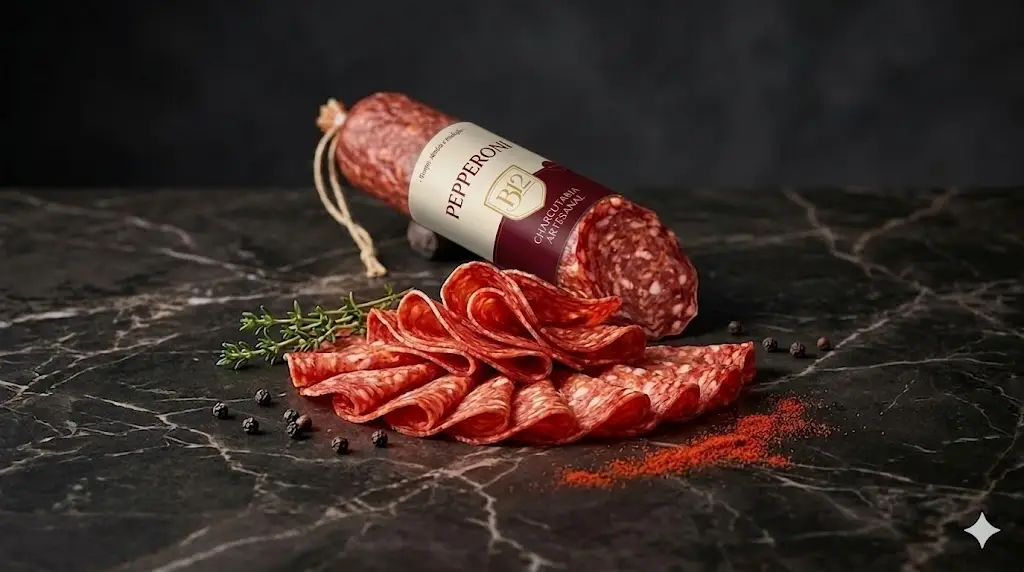 Receitas com pepperoni artesanal B12 — fatias fatiadas sobre mármore escuro com páprica e tomilho