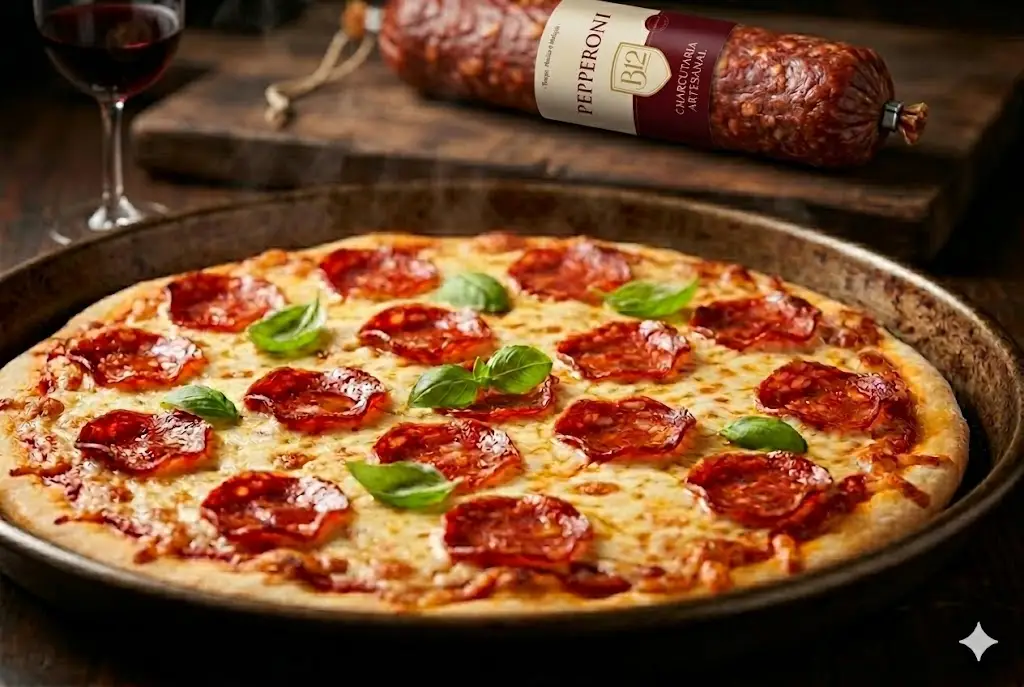 Pizza com pepperoni artesanal B12 saindo do forno com queijo derretido e manjericão fresco